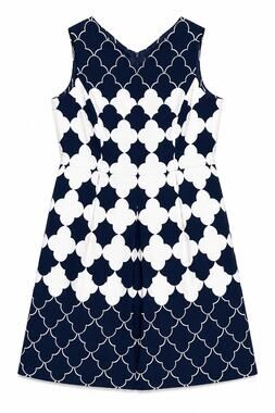 Talbots Size 16 Navy White Geometric Fit & Flare Cotton Dress